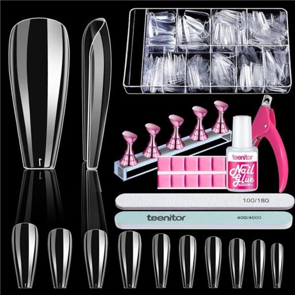 600 Pcs Clear Coffin Nail Tips, Acrylic Nail Kit, Clear Press On Nails, Long - Picture 1 of 7